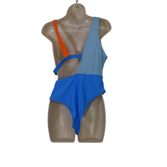 Shein Colorblock One-Piece Swimsuit Women Size L 8 10 Blue Orange Bleach Swim - Picture 3 of 9